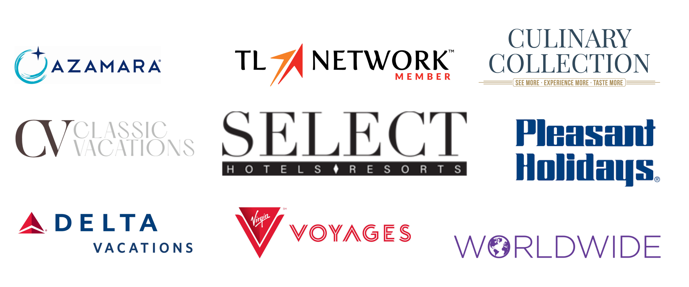 Affiliate logos - Delta, Travel Leaders Network, Virgin Voyages, Delta Vacations, Classic Vacations, Select Hotels